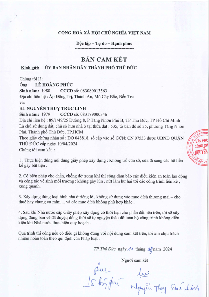 Bản cam kết xây dựng tại Bình Dương