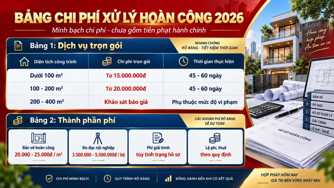 Hướng Dẫn Cách Khắc Phục Để hoàn công nhà xây sai phép 2026 6 Bảng chi phí đo đạc, lập bản vẽ và xử lý hoàn công nhà xây sai phép năm 2026