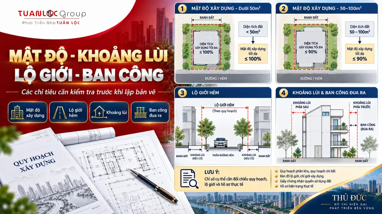 Quy Định Mới Nhất Về mật độ xây dựng Thủ Đức Và Lộ Giới Hẻm 2026 4 Các chỉ tiêu mật độ xây dựng, khoảng lùi, lộ giới hẻm và ban công tại Thủ Đức
