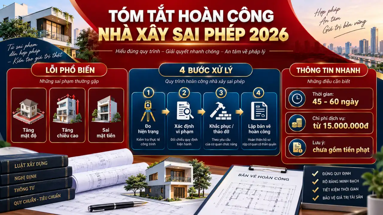 Hướng Dẫn Cách Khắc Phục Để hoàn công nhà xây sai phép 2026 2 Infographic lỗi thường gặp, quy trình khắc phục và chi phí hoàn công nhà xây sai phép năm 2026