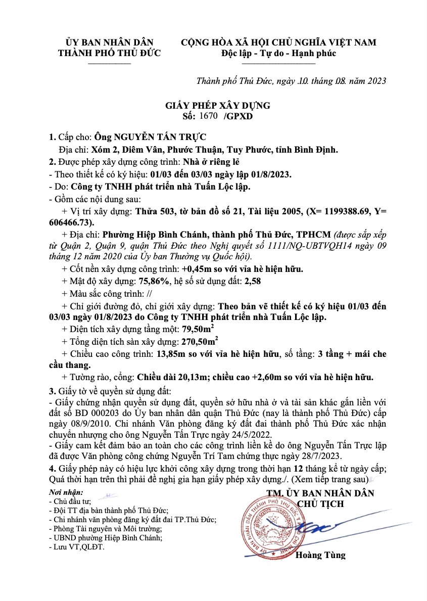 Giấy phép xây dựng phường Hiệp Bình